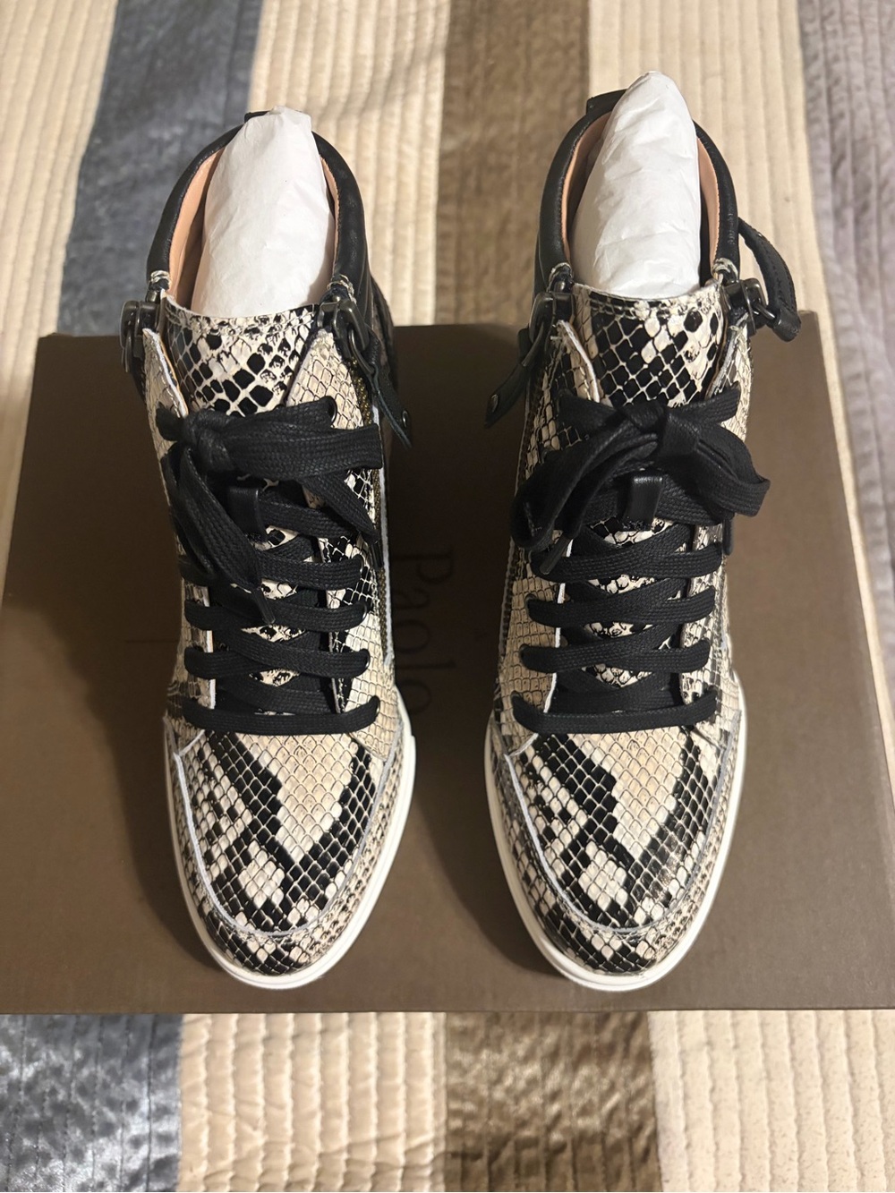 Paolo Snake-Print High-Top Sneakers in Black & Cream